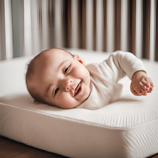 A baby is gently positioned on a mattress within a crib, embodying calmness and safety in a nurturing space.
