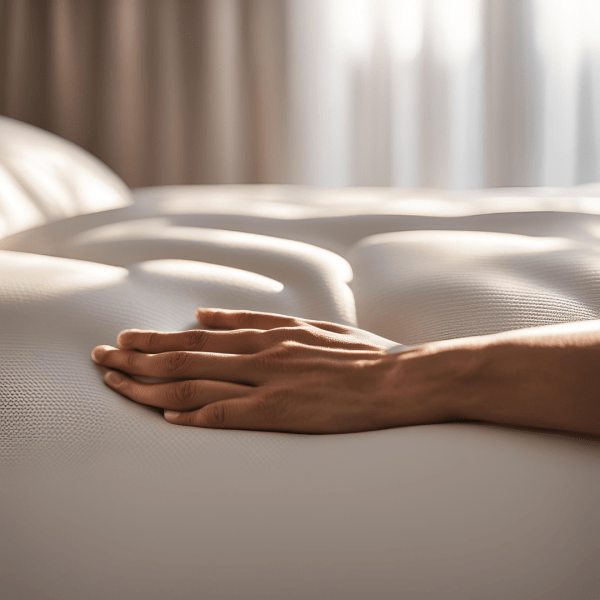 . A hand touches the surface of a mattress, conveying a sense of softness and inviting comfort.